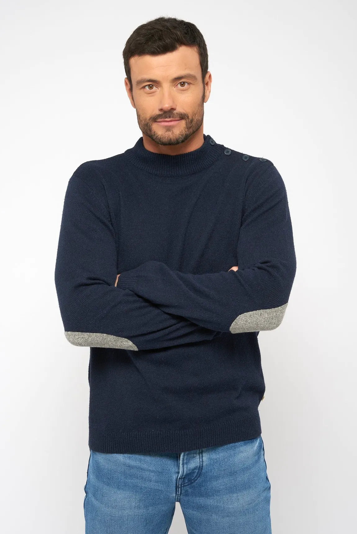 Unisex Pullover mit Stehkragen für Damen und Herren, dunkelblau mit Ärmelpatches