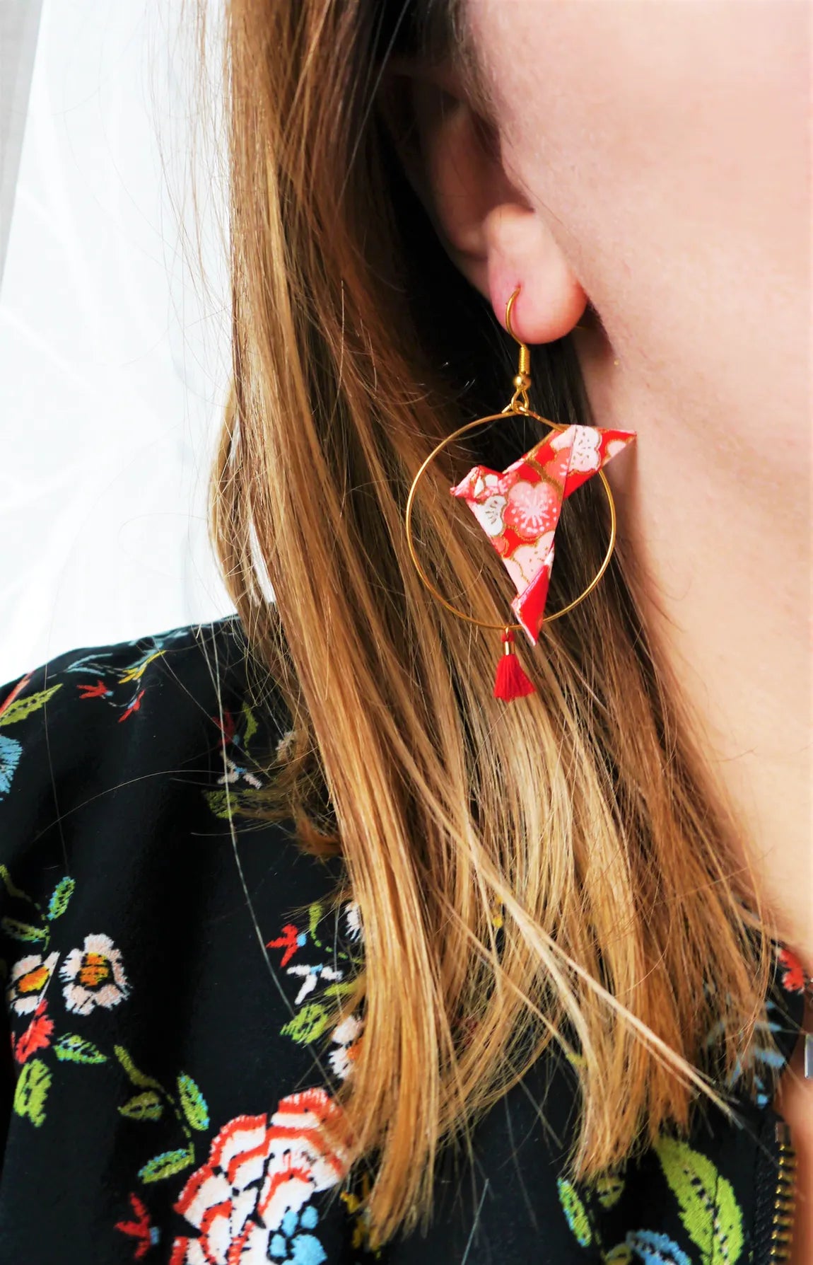 Origami Creolen - mit Tauben und Pompons, rosa und gold