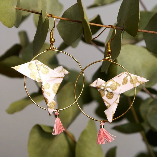 Origami Creolen - mit Tauben und Pompons, rosa und gold