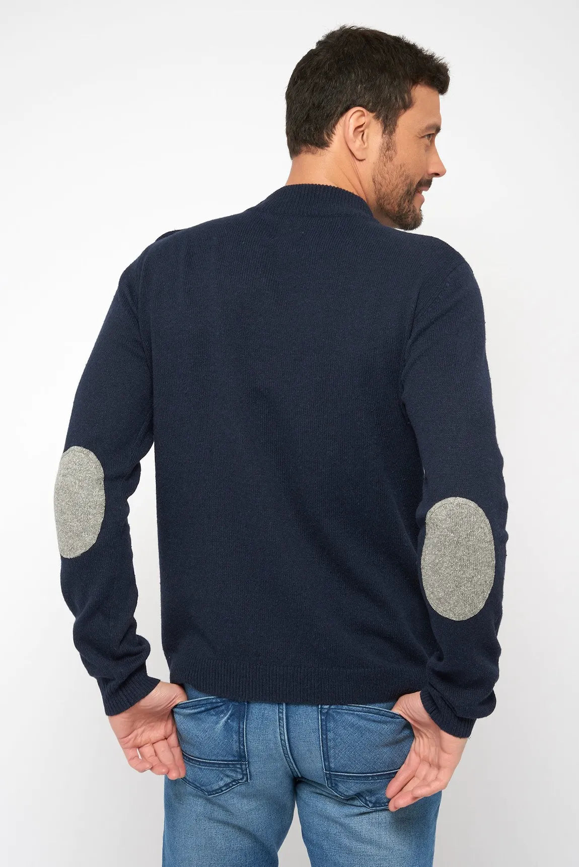 Unisex Pullover mit Stehkragen für Damen und Herren, dunkelblau mit Ärmelpatches